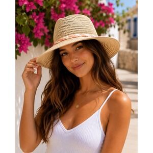 David and Young Women Hat Straw Sun Hat Tan Pink Braided Band Fedora GWPN226 OS